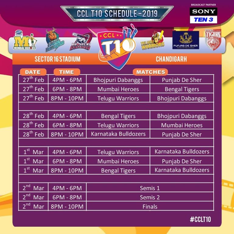 CCL T10 Blast 2019 Schedule, Time Table & Match Fixtures - Celebrity Cricket League T10 Blast 2019